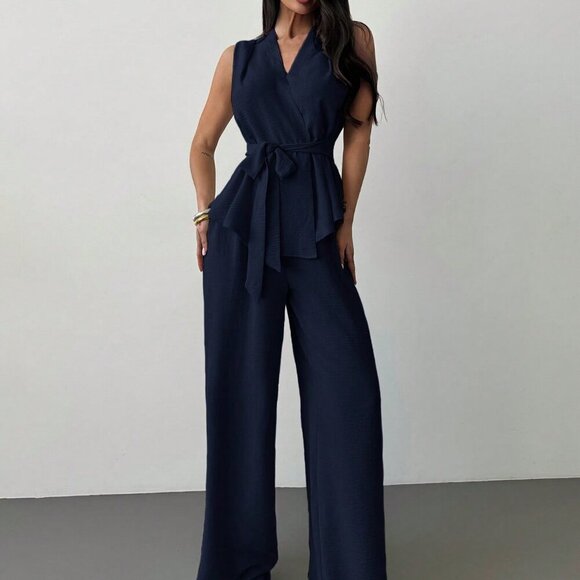 navy blue Elegant Women's Surplice Sleeveless Belted Blouse & Wide leg Pant Set - Picture 7 of 7